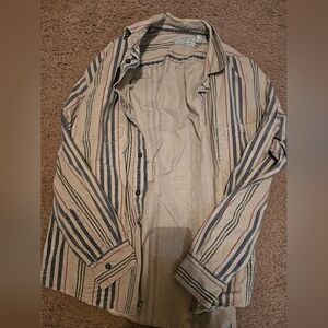 American Eagle Outfitters Cream and Blue Casual Button Down Shirt